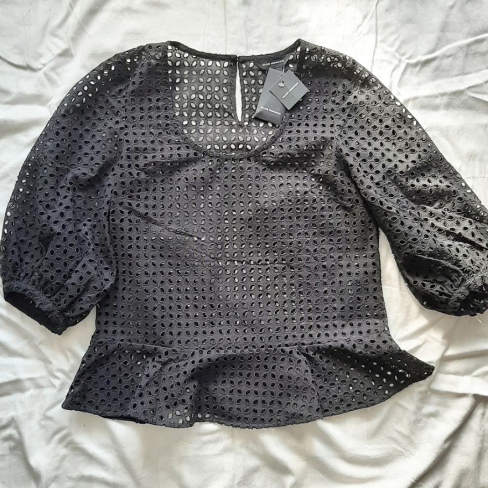 Club Monaco Puff Sleeve Eyelet Top in Black - Picture 1 of 11